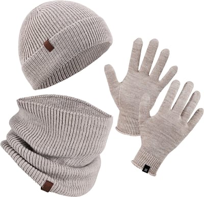 Norfolk Winterset - 70% Merino Wol Muts - Handschoenen en Nekwarmer Set - Premium Gebreide, Warm en Zacht - Cadeauset - S/M - Oatmeal