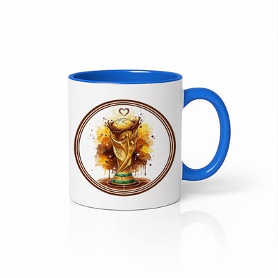 Wereldkampioen Trofee Mok 330ml – Wit-Blauwe Koffiemok met Gouden Beker Ontwerp – Perfect Cadeau voor Voetbalfans