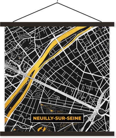 Posterhanger incl. Poster 60x60 cm - Schoolplaat - Stadskaart – Frankrijk – Kaart – Neuilly-sur-Seine – Plattegrond - Textielposter - Zwarte latten - Stadskaart
