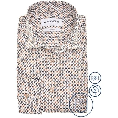 Ledub modern fit overhemd - popeline - bruin met wit en beige dessin - Strijkvriendelijk - Boordmaat: 40