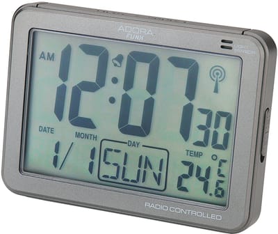 Adora Digitale Wekker met Grote LCD Display – Radiogestuurd – Automatische Verlichting (Lichtsensor) – Datum, Temperatuur & 12/24u Weergave – Grijs