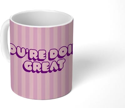 Mok - Koffiemok - Paars - Strepen - You're doing great - Schaduw - Mokken - 350 ML - Beker - Koffiemokken - Theemok - Mok met Tekst