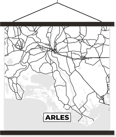 Posterhanger incl. Poster 60x60 cm - Schoolplaat - Stadskaart – Frankrijk – Arles - Kaart – Plattegrond - Zwart wit - Textielposter - Zwarte latten - Stadskaart