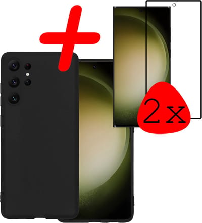 Hoesje Met 2x Screenprotector - Geschikt voor Samsung Galaxy S23 Ultra - Sterk & Shockproof - Back Cover - Siliconen Case - Telefoon Hoes - Zwart