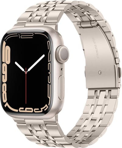 Strap-it Luxe stalen schakel band - geschikt voor Apple Watch Series 1/2/3/4/5/6/7/8/9/10/11/SE/SE2/SE3 - Metalen RVS bandje met vlindersluiting voor iWatch maat: 38 / 40 / 41 / 42mm - sterrenlicht/starlight