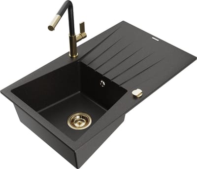 Mexen Cesar granieten spoelbak 1-vergiet met afdruiprek en keukenmengkraan Flora, zwart/goud metallic - 6514-75-670401-57-G