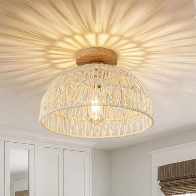 Bohemian Stijl Daklamp - Diameter 30cm - Vintage Geweven Armatuur - Ingebouwde Plafondverlichting - Vintage Slaapkamer Daklamp - Geschikt Voor Dorm / Woonkamer / Slaapkamer / Eetkamer (Wit)