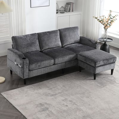 BLACKCOLORS Elegante bank met poef en opbergruimte – 4-zits met comfortabele armleuningen, bekerhouders, zijvakken en stevige kunststof poten, fluwelen bekleding voor aangenaam comfort
