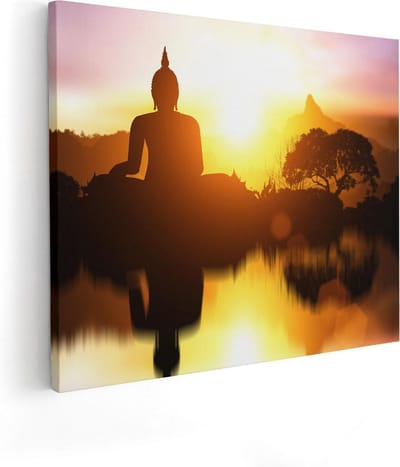 Artaza Canvas Schilderij Boeddha - 100x80 cm - Groot - Wanddecoratie Zonsondergang - Muurdecoratie Bergen - Spiritueel Schilderijen Op Canvas