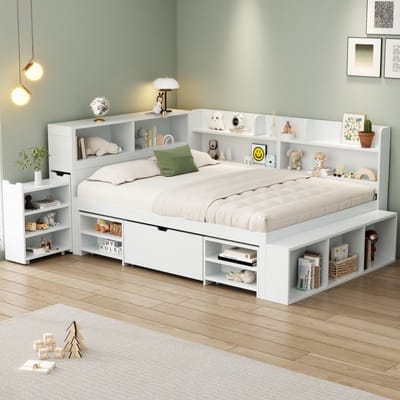 Kinderbed - 140x200 cm - Eenpersoonsbed - Multifunctionele wieg met lades - Boekenkast en kluisje - Zonder matras - Wit