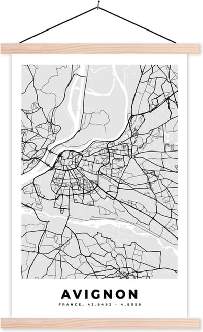 Posterhanger incl. Poster 40x60 cm - Schoolplaat - Frankrijk - Plattegrond - Kaart - Avignon - Stadskaart - Textielposter - Blanke latten - Stadskaart