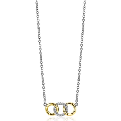 Zinzi zilveren ketting 45cm geel verguld met 3 open rondjes verbonden wit ZIC2045Y