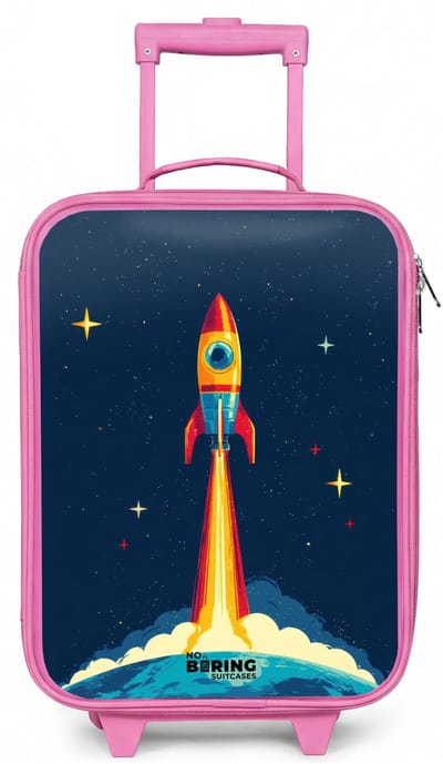 NoBoringSuitcases.com® - Kinderkoffer roze - Kindertrolley meisje - Planeet - Raket - Sterren - Donkerblauw - Koffer kind lichtgewicht - Reiskoffer trolley voor kinderen - Koffertje met lichtgevende wieltjes - Rolkoffer