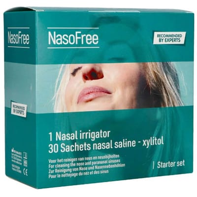 NasoFree neusdouche startset met 30 zakjes nasaal spoelzout met Xylitol - Bij (chronische) bijholteontsteking