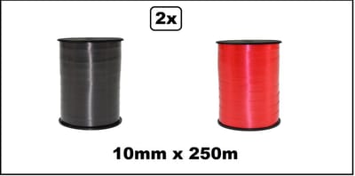 2x Krullint zwart en rood 10mm x 250meter - krul lint thema feest decoratie kado kado gold verjaardag
