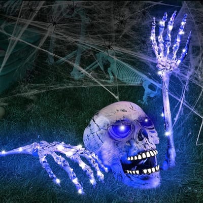 Realistische Halloween Decoratie met Luminous Skeleton - Set van 1 Skelethoofd, 2 Skelethanden, Lichtketting en Spinweefsel voor een Spookachtige Sfeer
