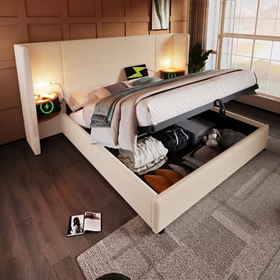 VVBV Slaapkamerset 160x200 cm - USB-C, Hydraulische Opbergruimte, Lades, Lattenbodem, Leeslamp, Nachtkastje, Zonder - 234C