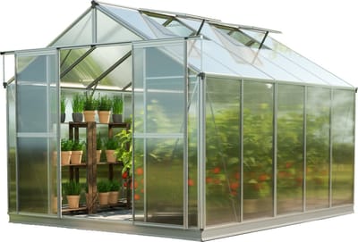 GFP tuinkas TOPAS 5 aluminium 225x322 cm, 6 mm kanaalplaten polycarbonaat, met fundamentframe & automatische dakraamopener
