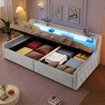 Eenpersoonsbed 90x200 cm - beige gestoffeerd bed - hydraulische opbergruimte - meerkleurige ledverlichting - fluweel - voor kinder- en logeerkamer