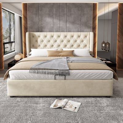 Gestoffeerd Chesterfield tweepersoonsbed met hydraulische opbergbox - Slaapkamer en logeerkamer 180x200 cm - Beige - Oorvormig hoofdeinde met knopstiksels - Hydraulische opbergbox - Inclusief lattenbodem
