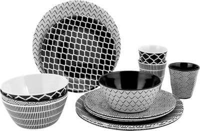 Bo-Camp - Servies - Mix & Match - 16 Stuks - Zwart/Wit