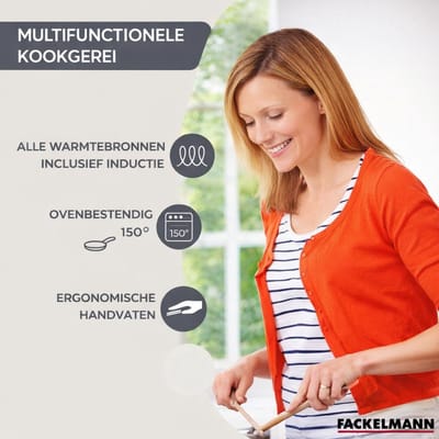 Set 2 pannen 20 en 28 cm roestvrij staal, glazen deksels en 6 Fackelmann Geneva keukengerei