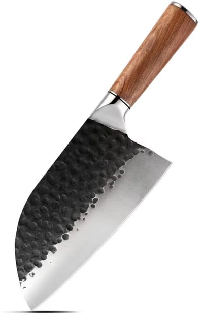 KAAMUT® Hakmes 18 cm Gehamerd Koolstofstaal – Vlijmscherp – Professioneel Slagersmes – BBQ Mes – Zwarte Finish – Massief Houten Handvat