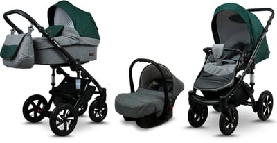 BabyLux® Kinderwagen 3in1 – SKY LARK - Grey Flex Green BLACK FRAME - Opklapbare Wandelwagen incl. Reiswieg, Multifunctionele Buggy Sportstoel, Autostoel - Combi-kinderwagen met Luiertas, Regenhoes, Klamboe, Bekerhouder, etc.