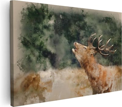 Artaza Canvas Schilderij Hertenkop Met Gewei - 30x20 cm - Klein - Wanddecoratie Woonkamer - Muurdecoratie Hert - Kamer Accessoires
