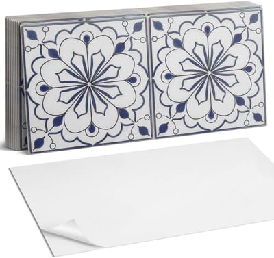 Coloray Plaktegels - Bloemenkeramiek patroon Zelfklevende Wandtegels - 40 cm x 20 cm - Blauw Plaktegels - 10 stuks - Rechthoek PVC Tegels - Plaktegels Badkamer - Vloertegels Zelfklevend - Vinyl Tegels - Portugese Tegels