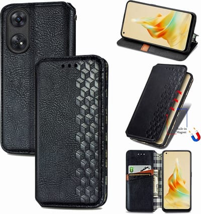 Luxe PU Lederen Ruitpatroon Wallet Case + Screenprotector voor OPPO Reno8 T 4G _ Zwart