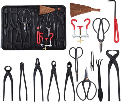 Dailygoods - 14-delige tuingereedschapsset, bonsai-schaar van koolstofstaal, bonsai-gereedschap inclusief tang, schaar, bonsai-snoeien, mini-hark, ronde schep