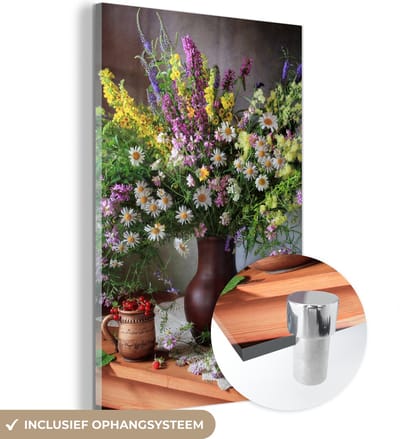 MuchoWow® Glasschilderij 100x150 cm - Schilderij acrylglas - Bloemen - Tafel - Stilleven - Boeket - Vaas - Foto op glas - Muurdecoratie woonkamer - Wanddecoratie slaapkamer - Schilderijen