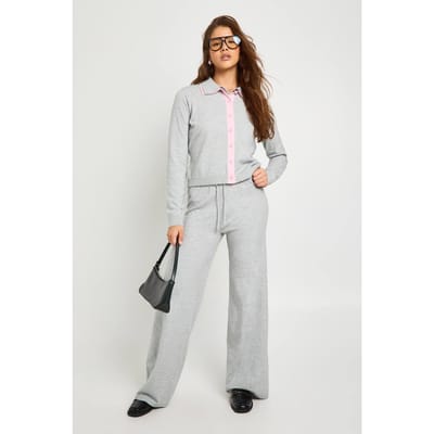boohoo Dames Dubbele Laag Detail Cardigan en Wijde Pijp Broek Co-Ord | Grijs | Maat: Medium