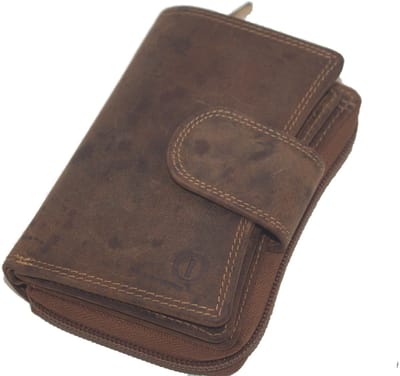 OI Hunter bruine leren ritsportemonnee / damesportemonnee voor veel pasjes tevens afsluitbaar / damesbeurs voor 12 creditcards / anti skim / bruin leder / 218H