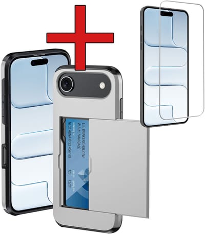 Hoesje Geschikt voor iPhone Air Hoesje Met Pasjeshouder Hard Case Met Kaarthouder Met Screenprotector - Hoes Geschikt voor iPhone Air Hoesje Pashouder Case - Grijs