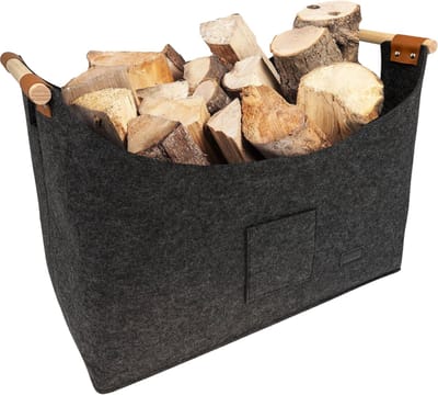 Haardhoutopslag - Houten mand voor haardhout 68 liter - Dik vilt - Grote vilten tas - Houten handvat - Opbergmand voor boodschappen kranten - Donkergrijs
