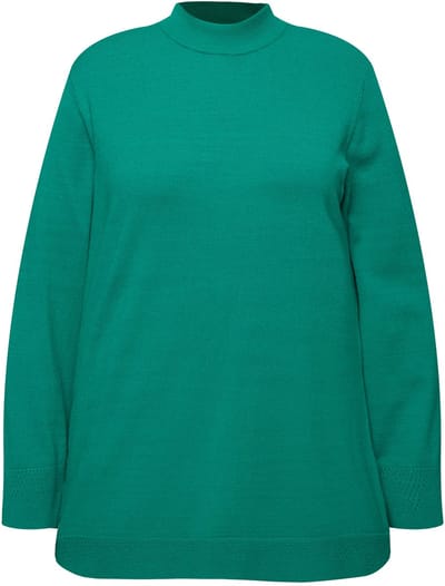 Ulla Popken - Dames - Trui opstaande kraag lange mouw geribbelde manchetten - Smaragdgroen - Maat 42+