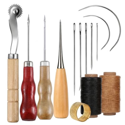 Multicolor naaiset leerbewerking set met houten handvat en naalden 14 delig voor leer naaien reparatie en handwerk inclusief draad en stikgereedschap