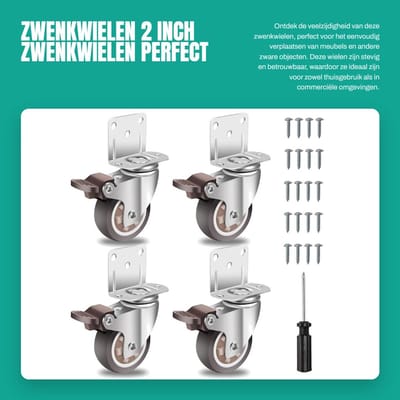 Dailygoods- Zwenkwielen Set van 4 - 2 Inch Rubber Wielen - Zwenkwielen met Rem - Meubelwielen - Zwenkwielen voor Bureaustoel - Laadcapaciteit 600 LBS
