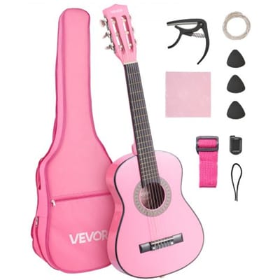 VEVOR Concertgitaar, 780 mm houten klassieke gitaar startersset voor beginners, met nylon snaren, gigbag, riem, tuner, extra snaren, plectrums, capo, lindehout, voor beginners en studenten, roze