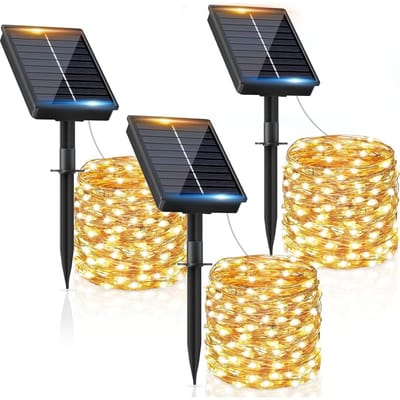 TOVBMUP 3-delige set zonne-lichtsnoeren - 100 LED-kralen - Waterdicht - 8 standen - Geschikt voor buitentuinen, terrassen, hinkelen, festivals, bruiloften en feesten - Warm wit licht
