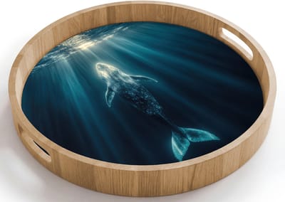 Dienblad rond 40x40 cm - Schootdienblad hout - Walvis - Water - Zonnestralen - Blauw - Borrelplank rechthoek - Plateau houten dienbladen