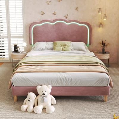 Gestoffeerd Bed LED tweepersoonsbed 140 x 200 cm, Bedframe met Lattenbodem en Verstelbaar Hoofdeinde, Roze, Bedframe, Fluweel