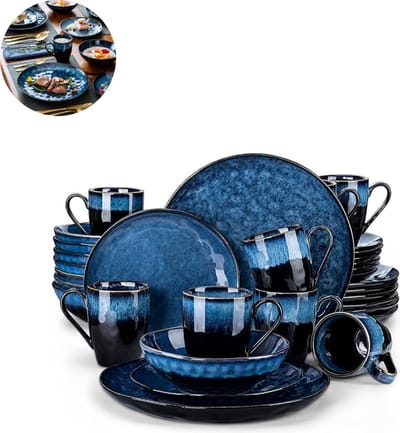 Luxe Serviesset – 32 delig – 8 persoons – Porselein - Bordenset – Dinner platen – Dessertborden - Kommen - Mokken - Schaaltjes - Blauw