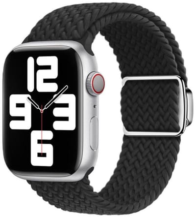 Bandje van gevlochten nylon - geschikt voor Apple Watch 1/2/3/4/5/6/7/8/9/10/11/ SE (1,2,3) met maat 38 mm / 40 mm / 41 mm en 42 mm (Watch 10/11) - magneet sluiting - zwart