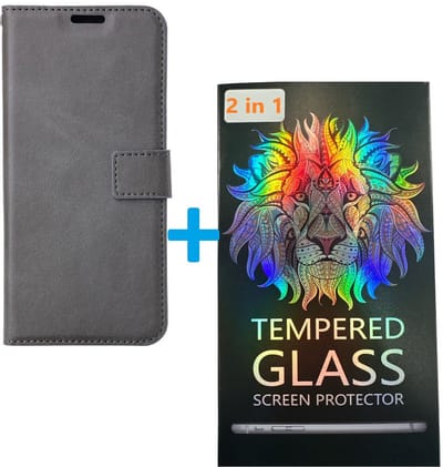 Portemonnee Book Case Hoesje + 2x Screenprotector Glas Geschikt voor: Samsung Galaxy A15 - Grijs