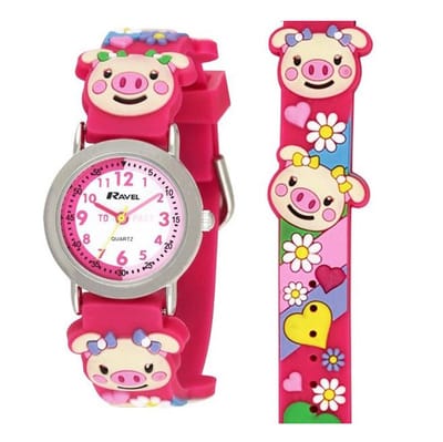 Kinderhorloge meisjes roze varkentjes bloemen