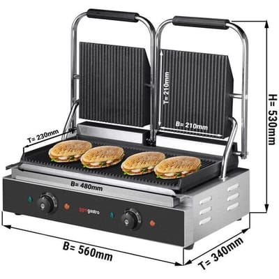 GGM Gastro Kontaktgrill / Hamburger Grill - 3,6 kW - oben & unten Gerillt - Grillfläche: 485x235mm Zilver / Zwart