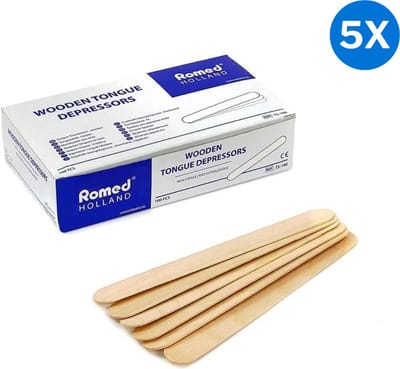 5x Romed houten tongspatels 100 stuks Romed - Houtkleur - Hout - Om de tong naar beneden te houden - Splintervrij